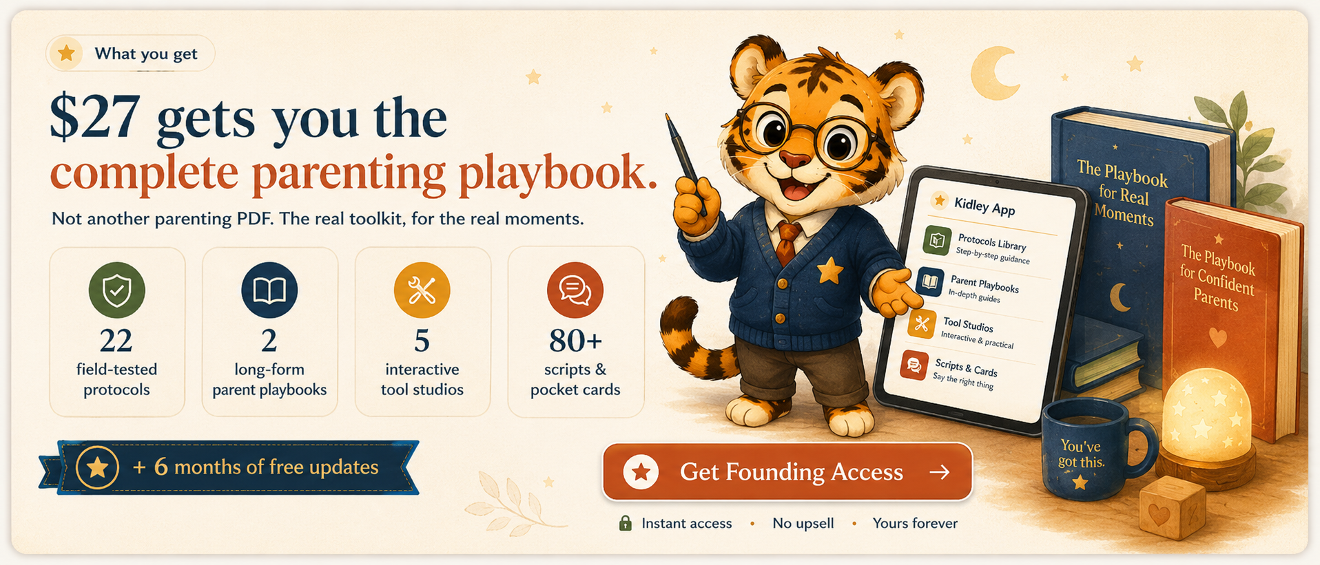 Kidley App value banner: $27 gets you the complete parenting playbook, including protocols, playbooks, tools, scripts and free updates.