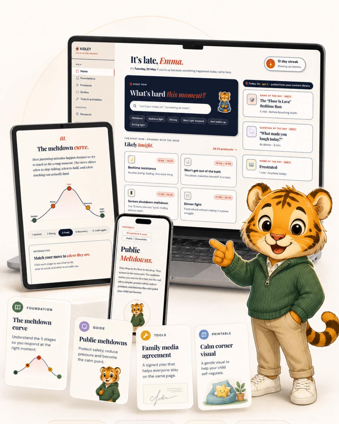 Kidley App on laptop, tablet and phone with Liu the calm tiger companion and printable cards