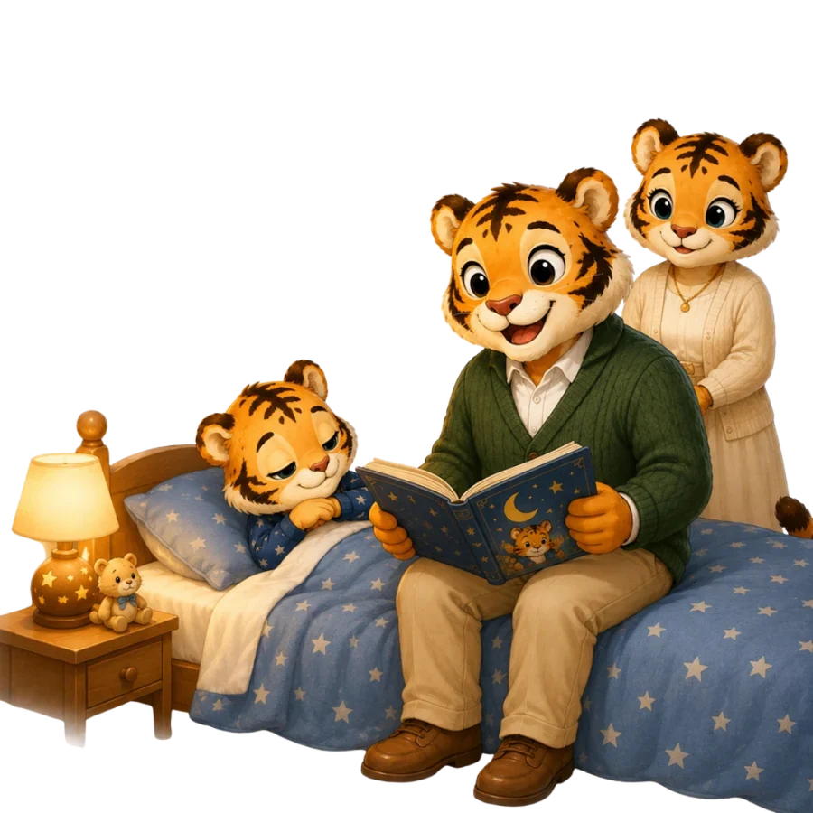 Liu reading a bedtime story to a sleepy child