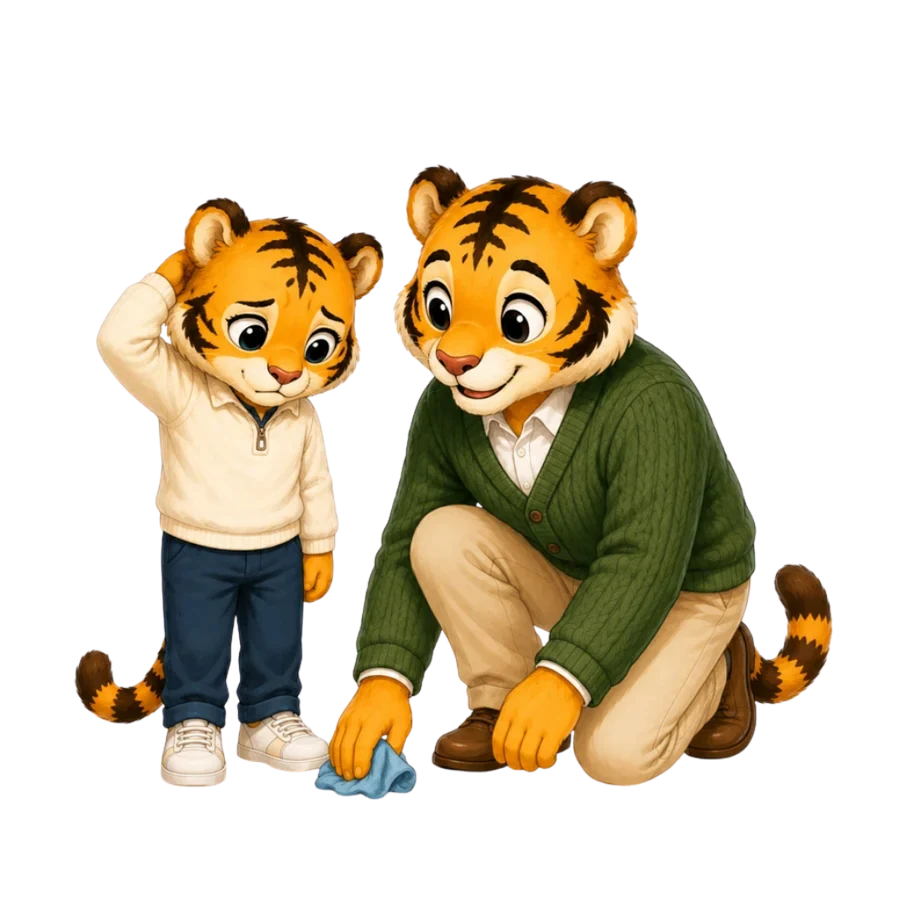 Liu helping a child clean up after a potty accident, calmly, no shame