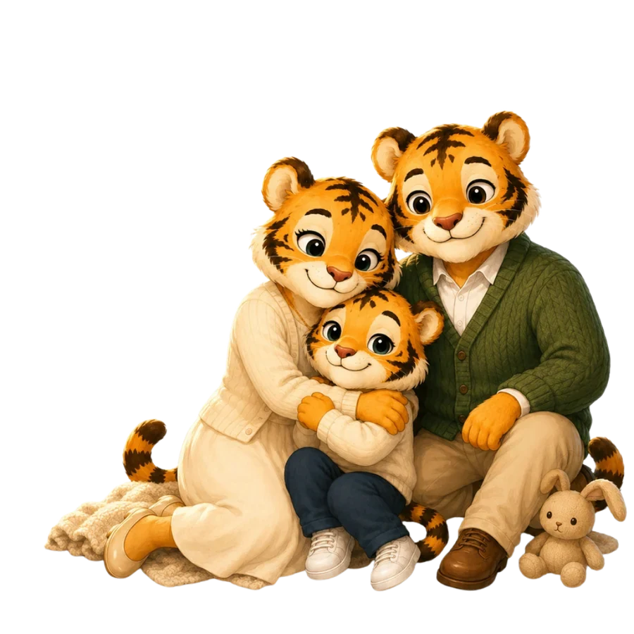 The same family, after the storm, parent and child hugging peacefully, Liu watching softly from the side