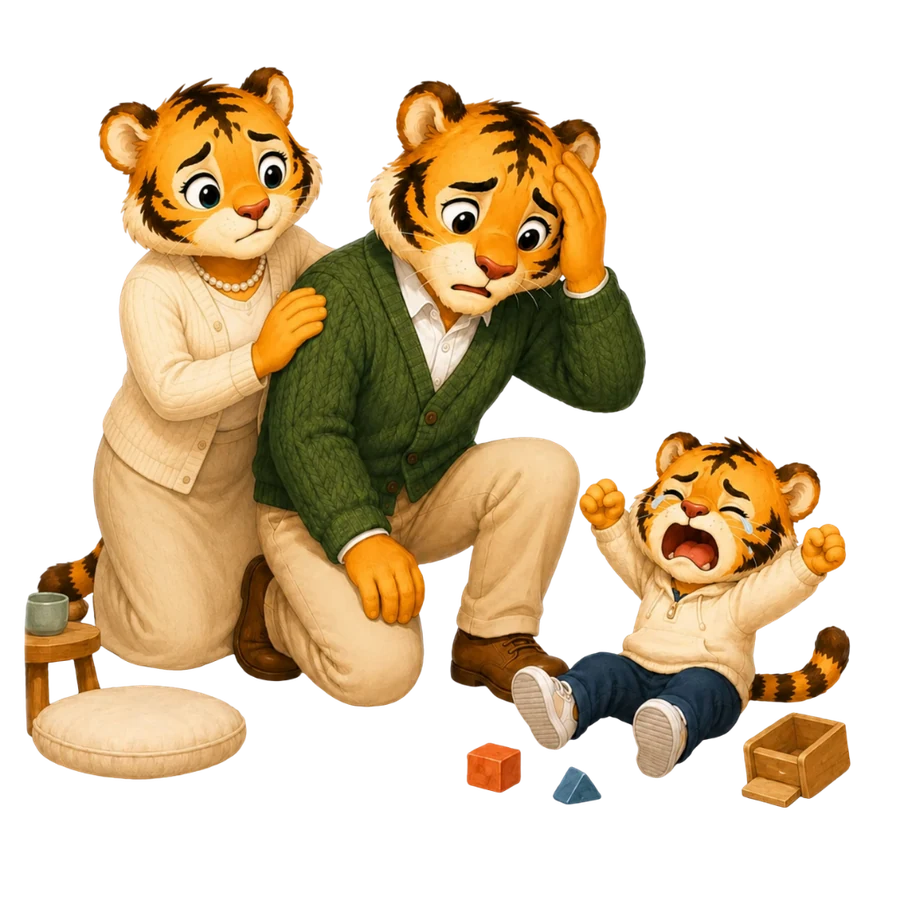 A family scene at 6pm, a child mid-meltdown, parent overwhelmed, Liu beside the parent staying calm