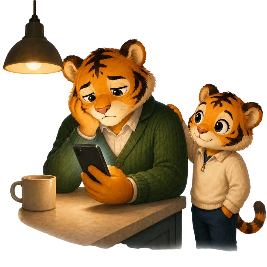 A parent and Liu in a softly-lit kitchen at 11pm, both calm