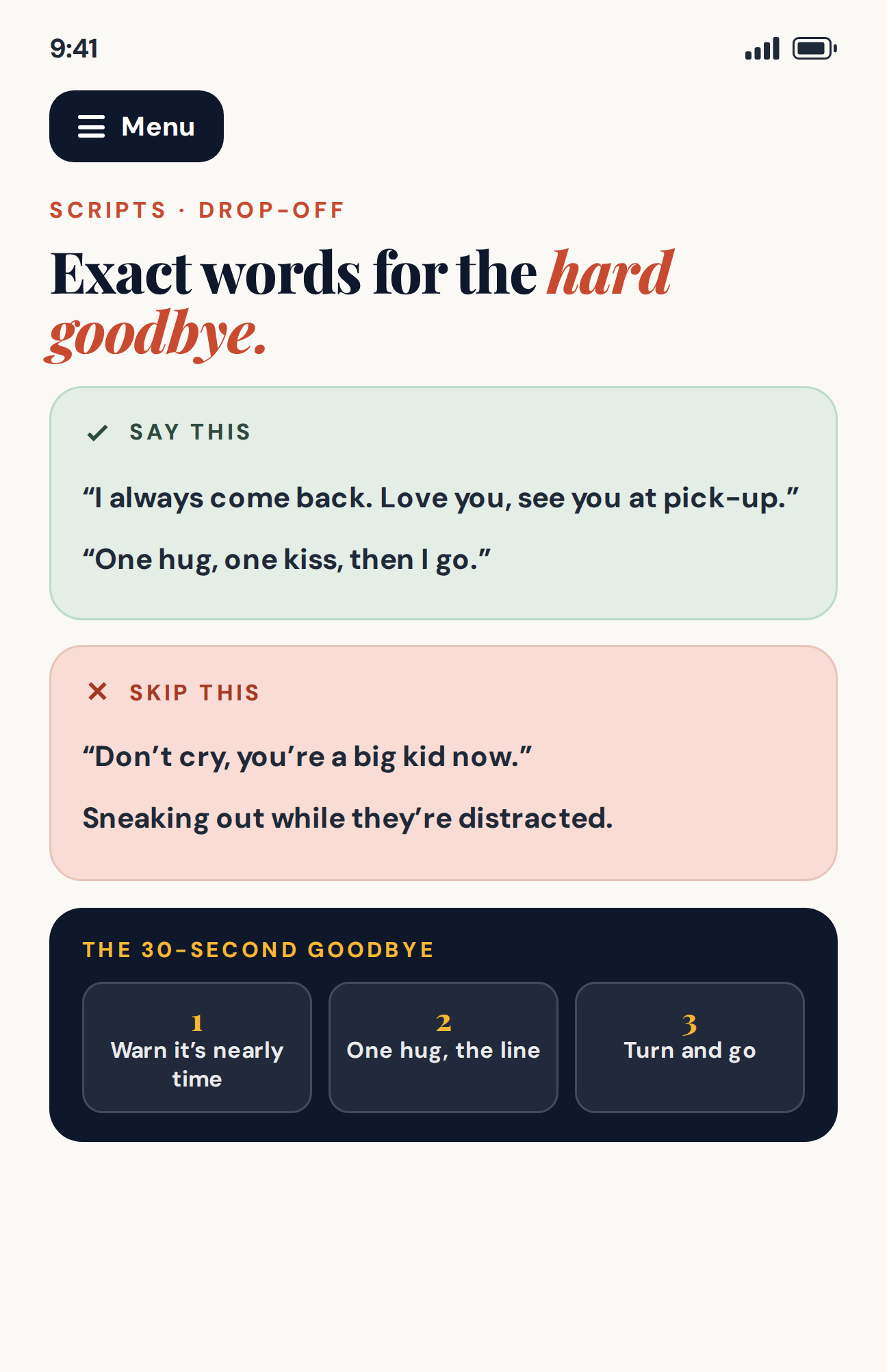 Mini preview of exact scripts and practical tips inside Kidley App