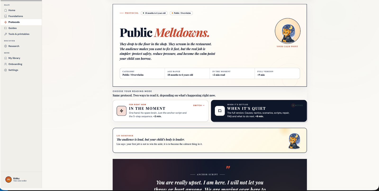 Mini preview screenshot of a Kidley App public meltdowns protocol