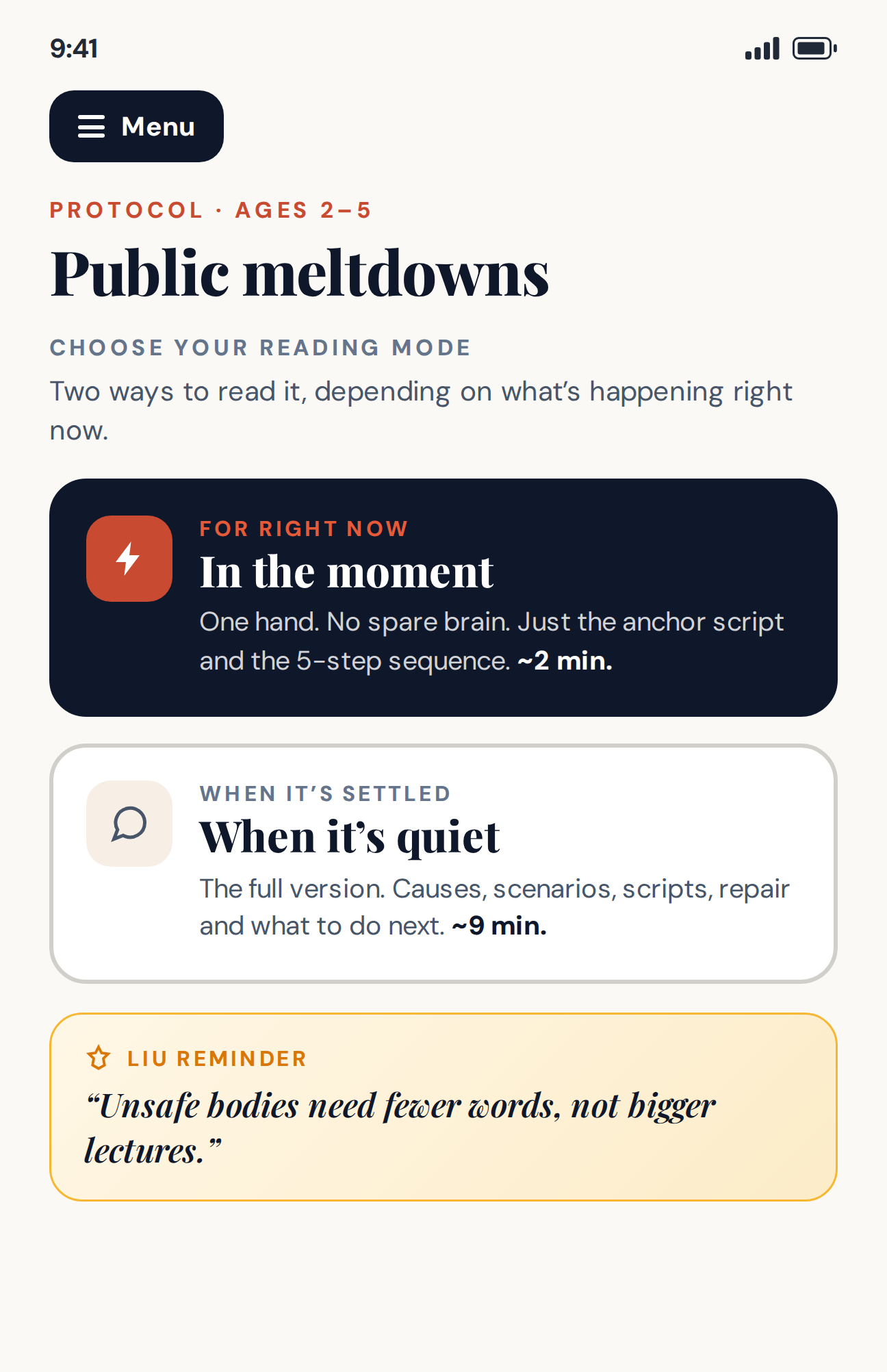 Mini preview screenshot of a Kidley App public meltdowns protocol