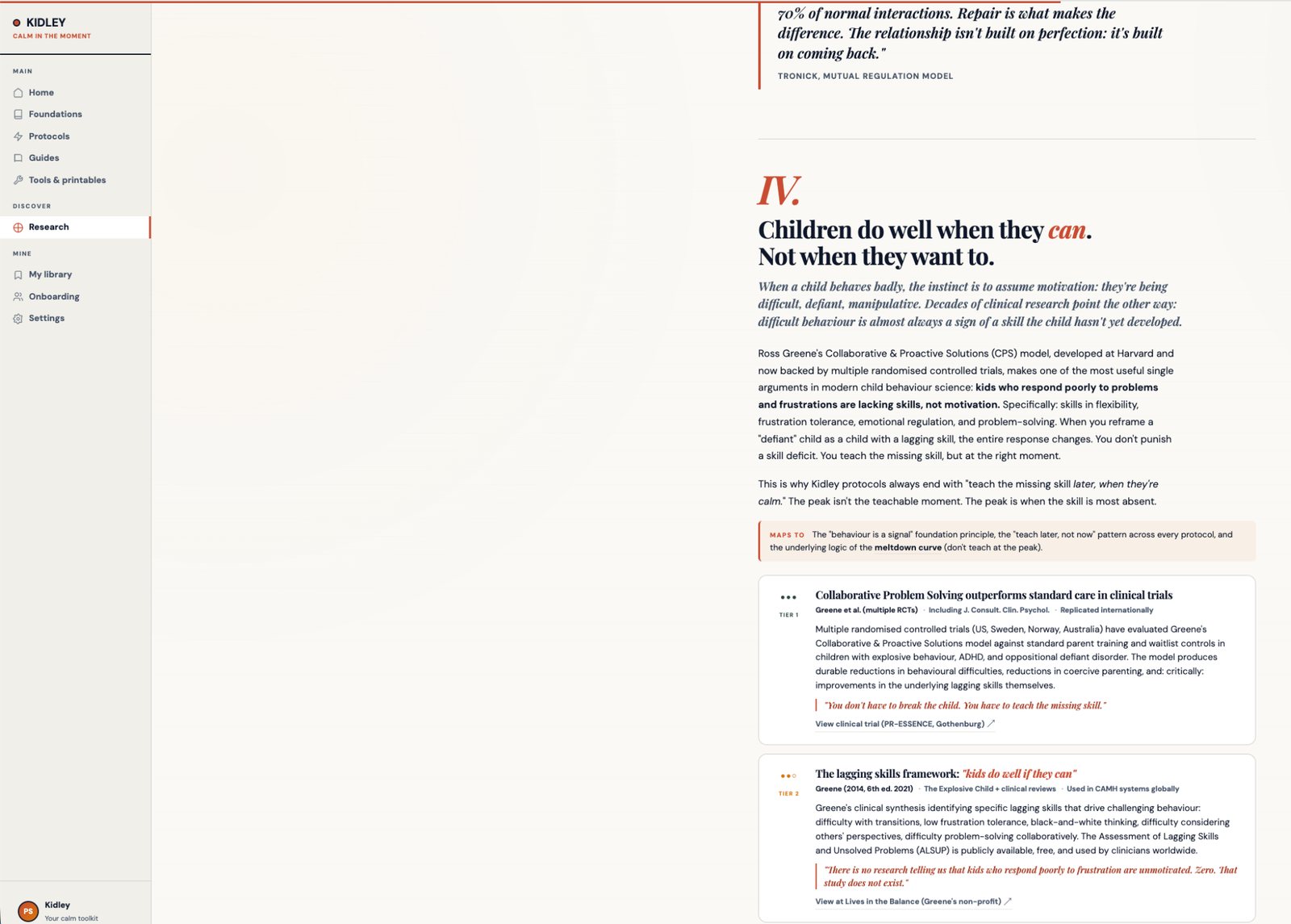 Mini preview of the research section inside Kidley App