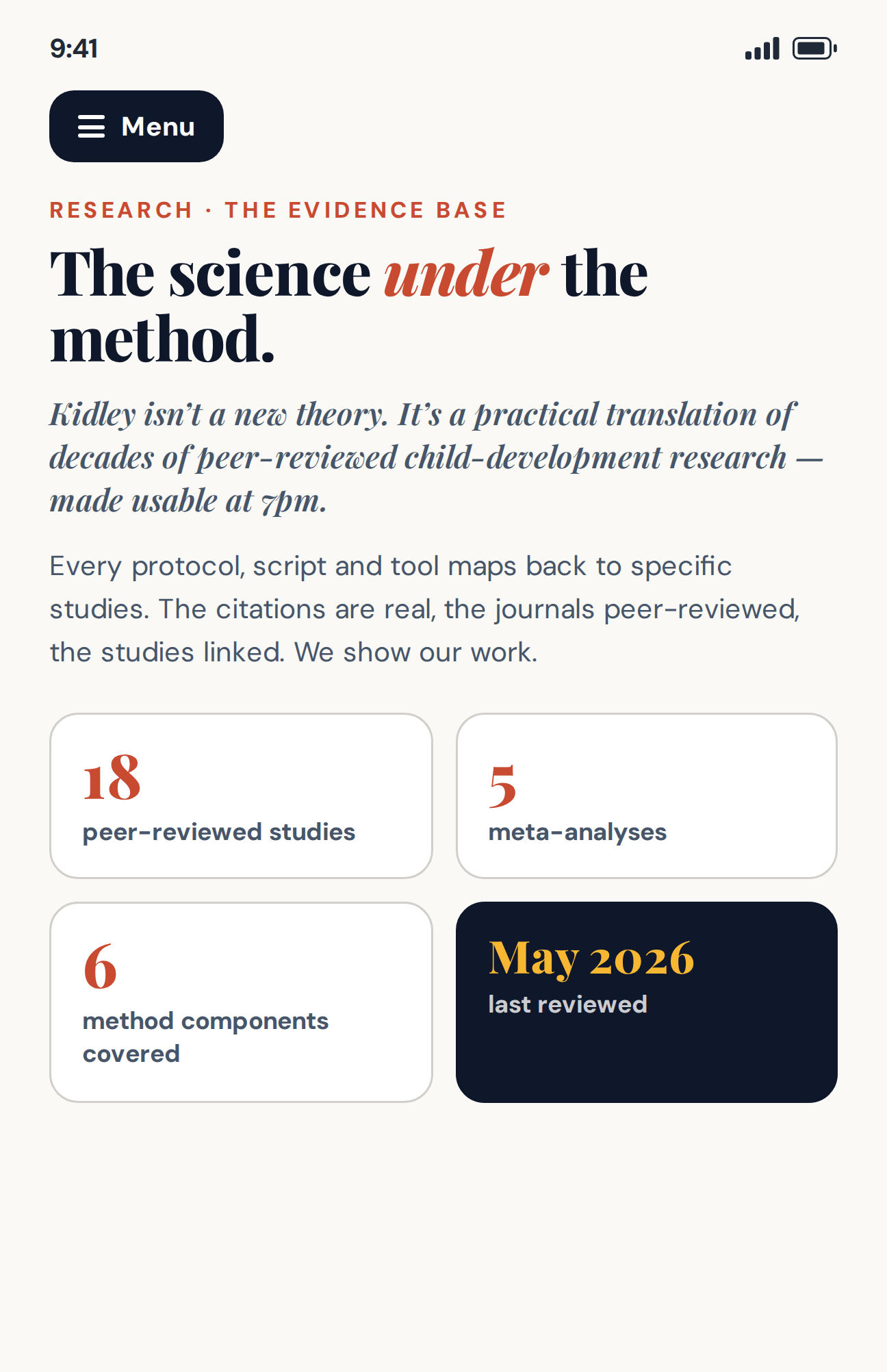 Mini preview of the research section inside Kidley App