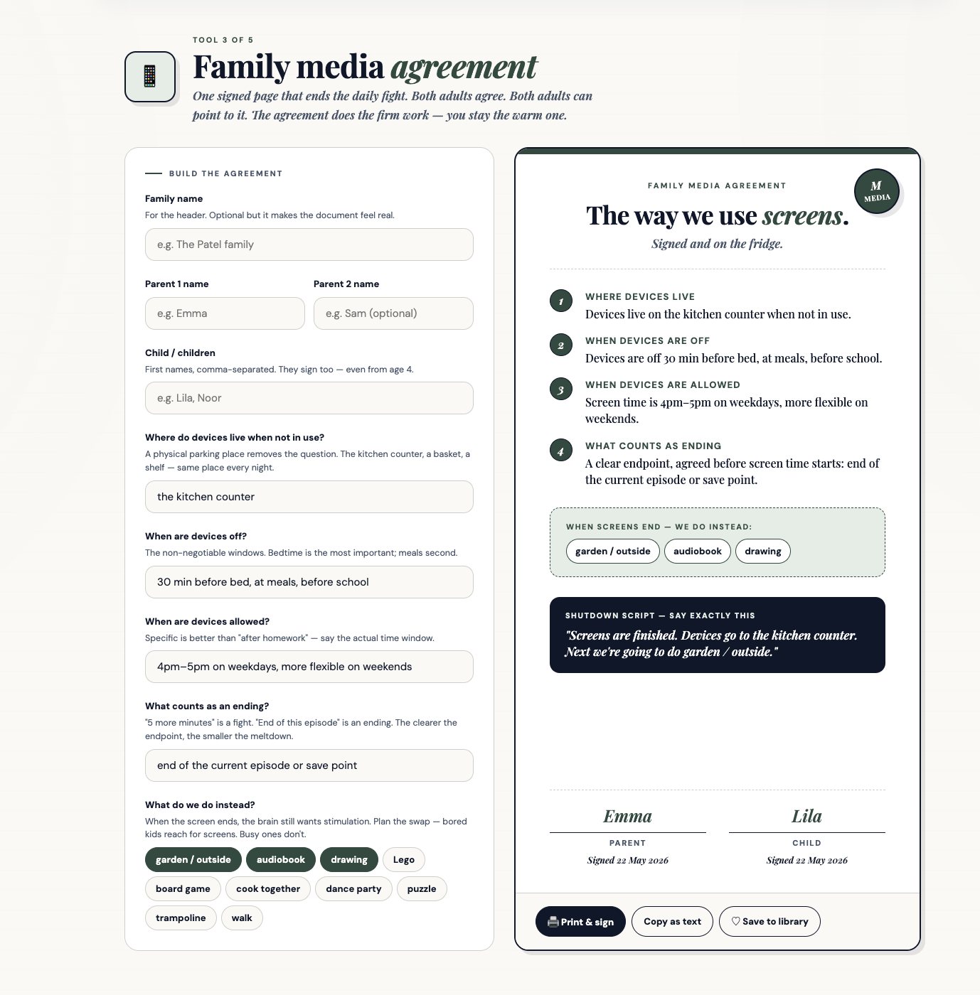Mini preview of the Family Media Agreement tool studio
