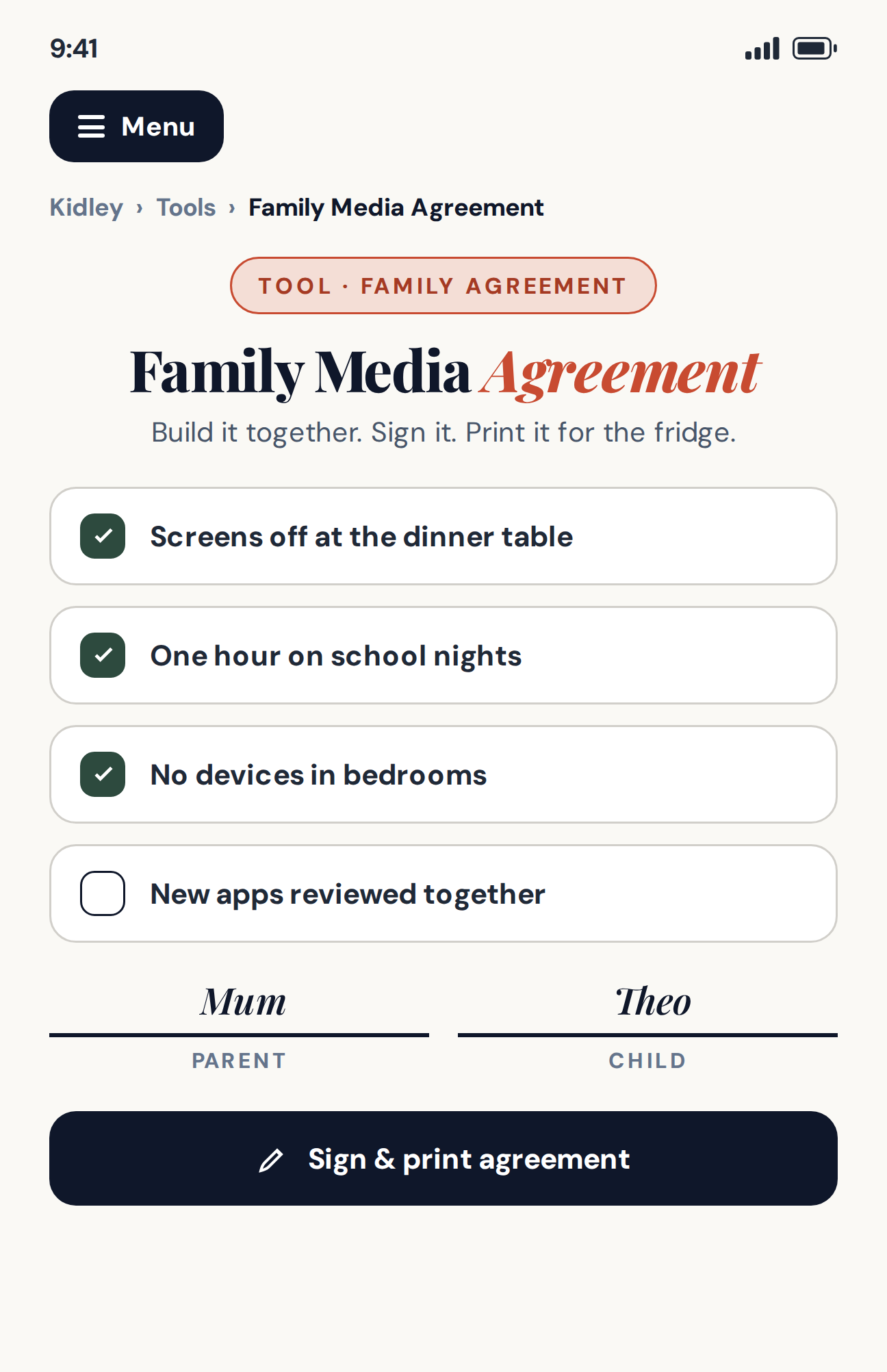 Mini preview of the Family Media Agreement tool studio